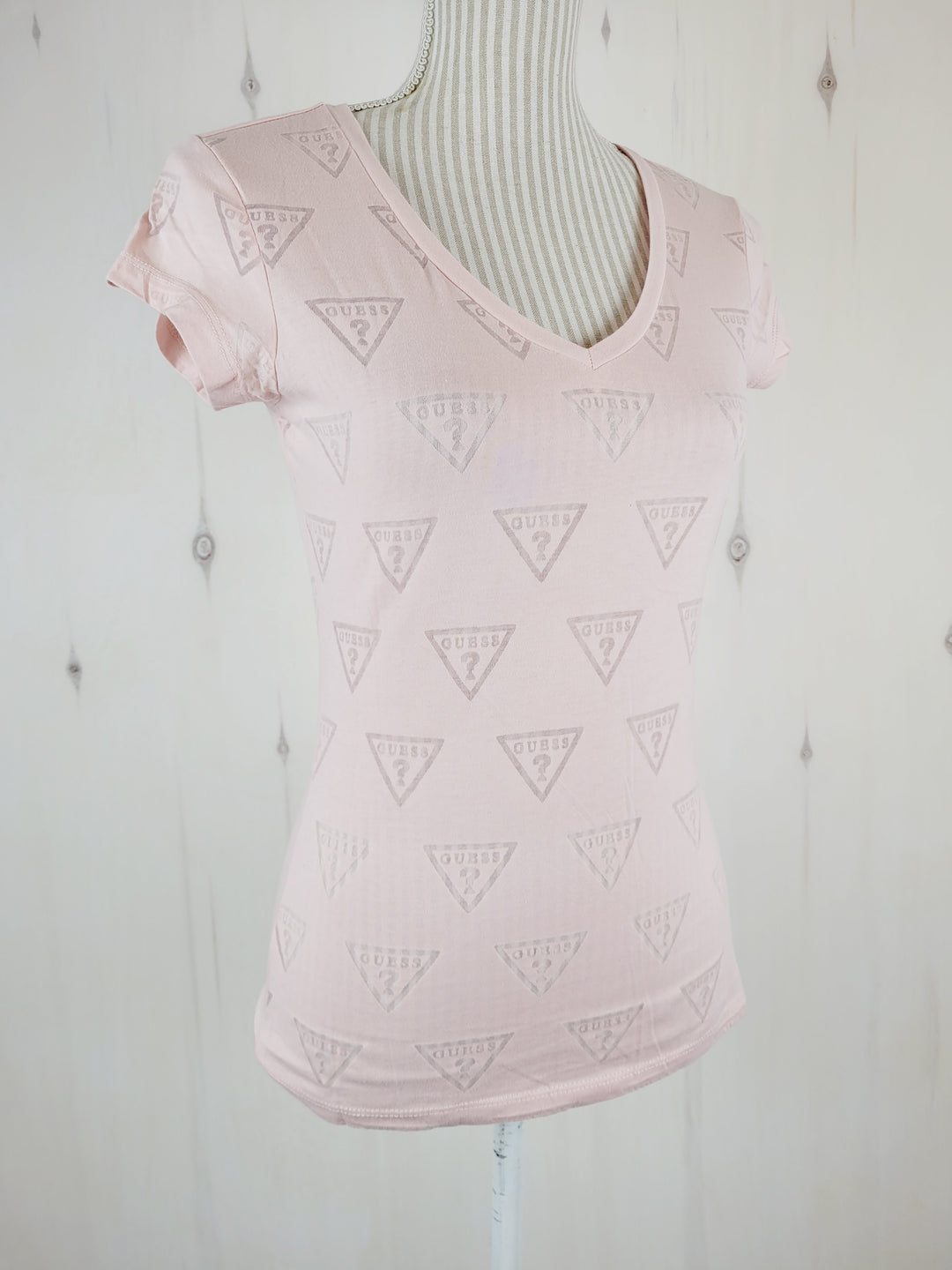 GUESS PASTEL PINK SHEER TSHIRT LADIES MEDIUM PRE-LOVED