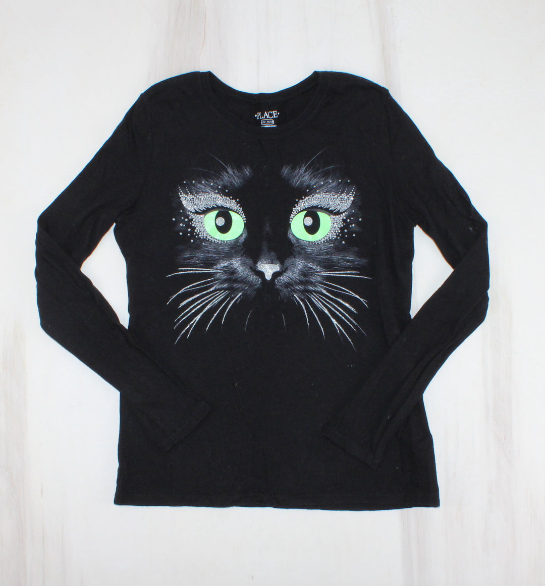 CHILDRENS PLACE BLACK CAT SHIRT 10/12Y PRE-LOVED