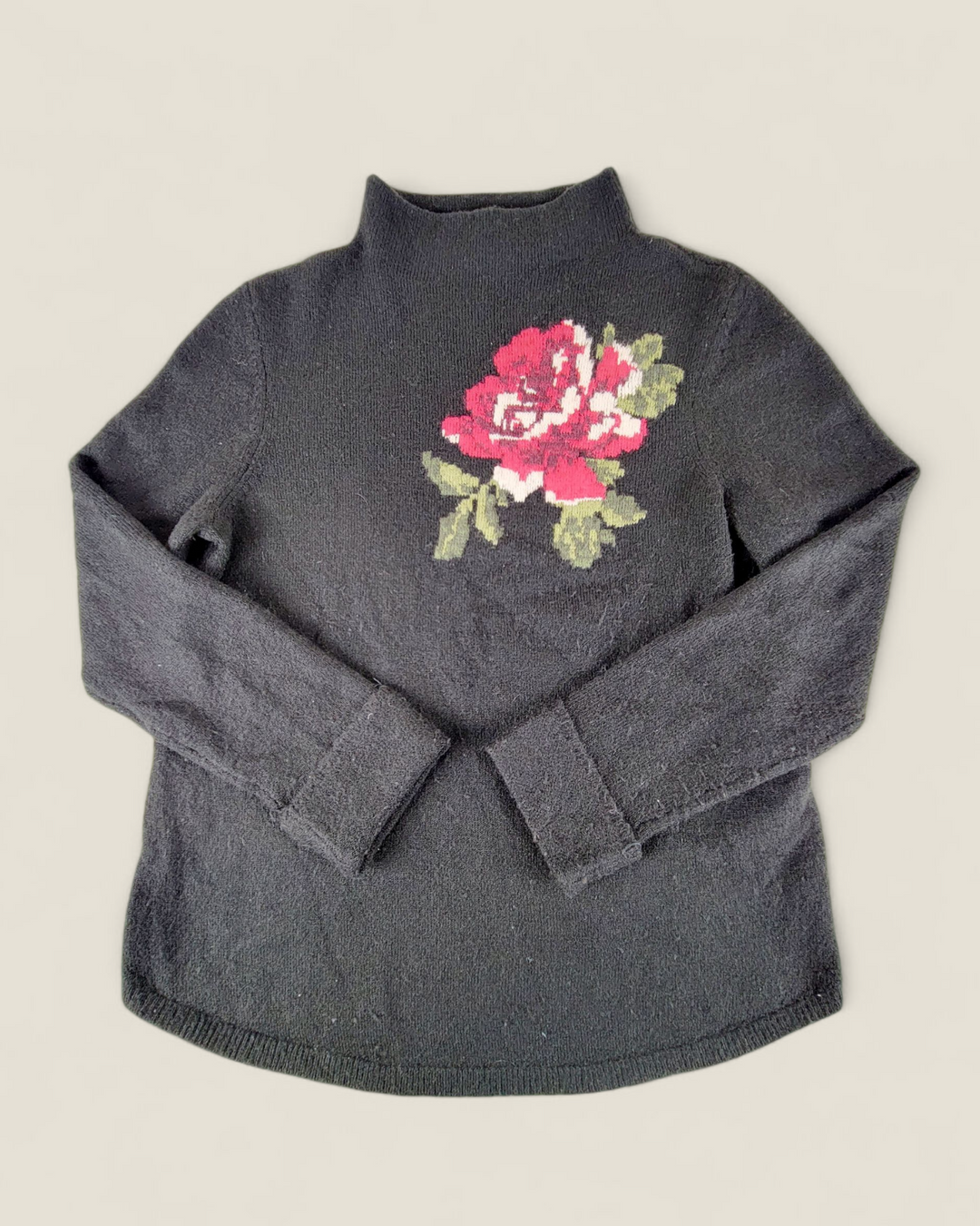 REITMANS BLACK SWEATER WITH ROSE LADIES MEDIUM PRE-LOVED