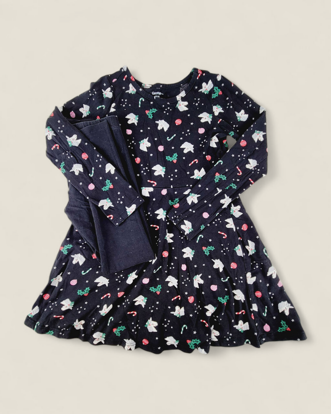 GEORGE HOLIDAY UNICORNS DRESS WITH LEGGINGS GIRLS 6Y PRE-LOVED