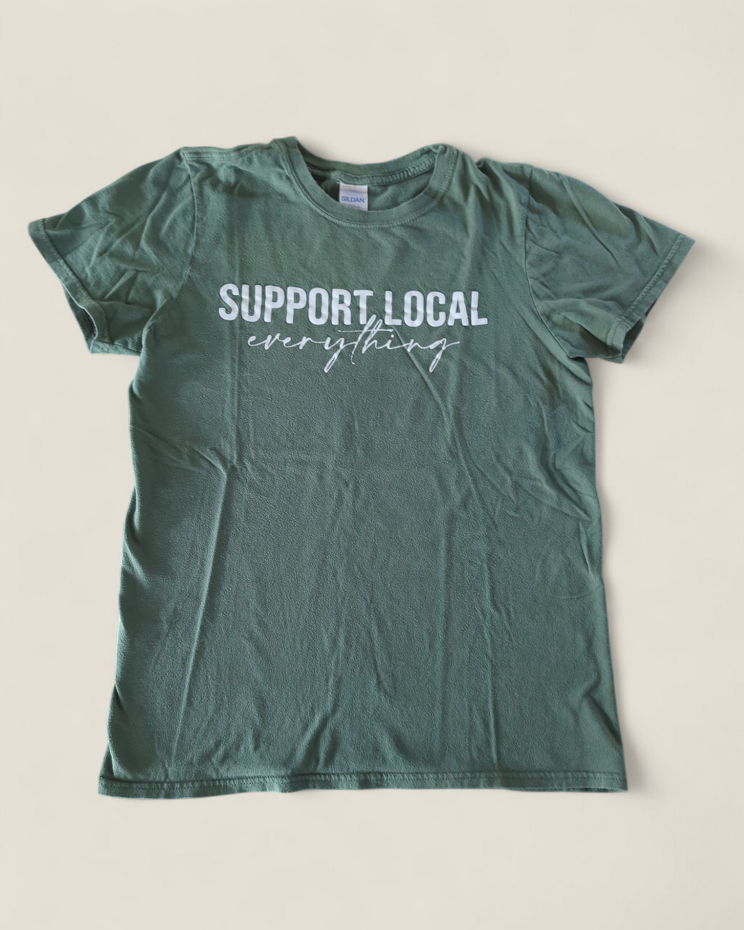 SUPPORT LOCAL EVERYTHING GREEN TSHIRT LADIES SMALL PRE-LOVED