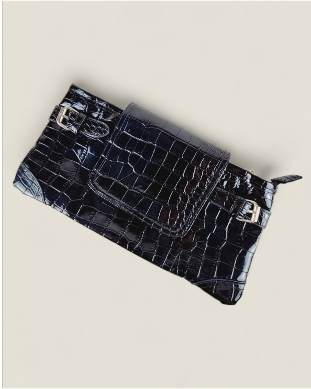 BLACK FAUX CROCODILE HAND BAG PRE-LOVED