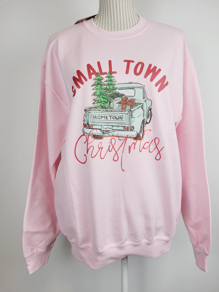 June & Co Designs, Pink Small Town Christmas Holiday Crewneck Sweater