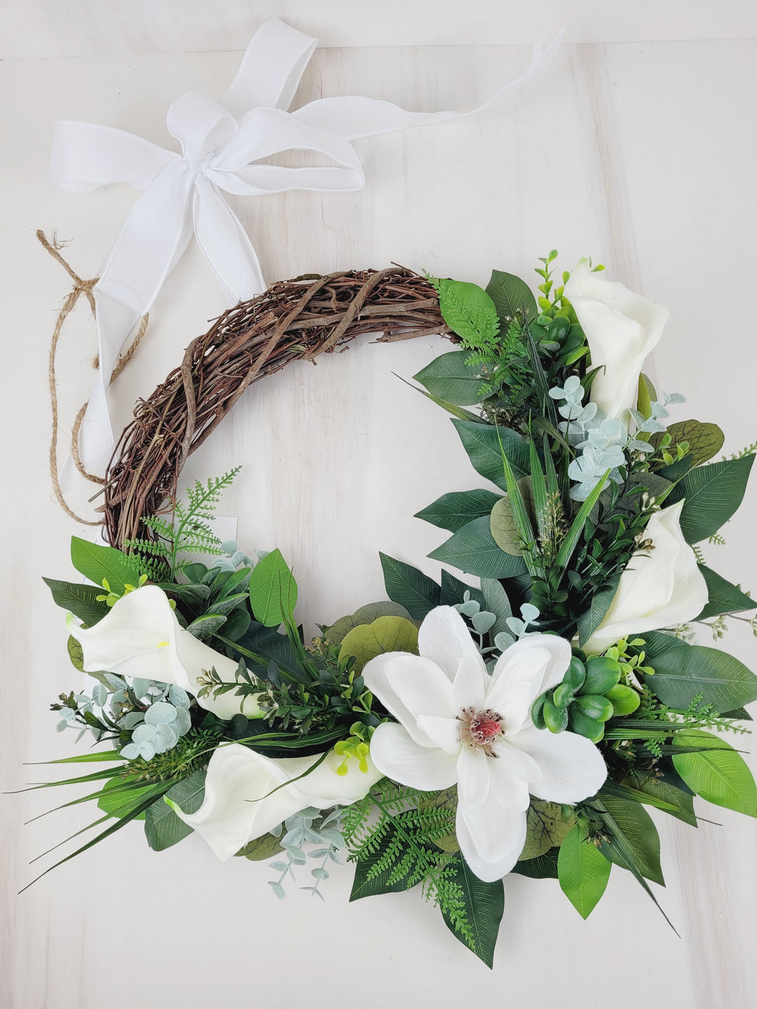 You & Home, Calla Lillies, Magnolia, Faux Greenery Grapevine Wreath