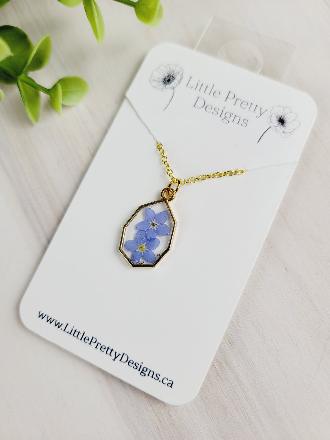 Little Pretty Designs, Pressed Flower Necklaces, Forget-Me-Not Collection