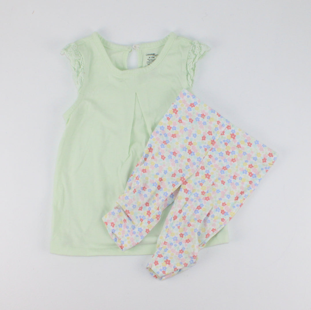 GEORGE LIGHT GREEN FLORAL OUTFIT 6-12M EUC