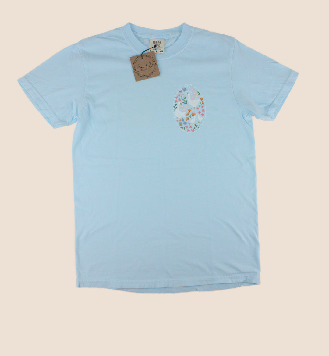 June & Co Designs, Light Blue Floweral Duck Premium Adult Tees