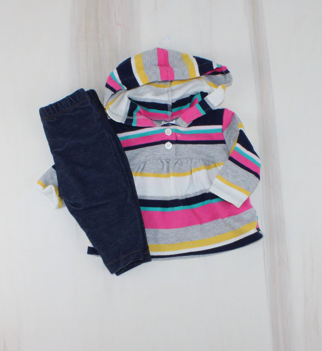 CARTERS STRIPED HOODED TOP & JEAN OUTFIT 3M EUC