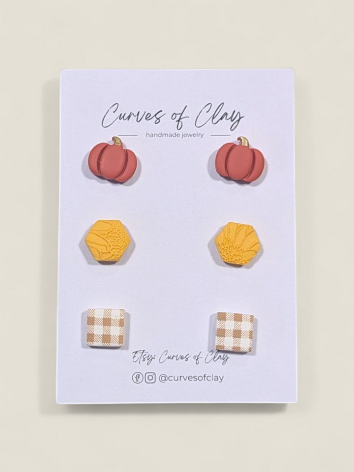 Curves of Clay, Autumn and Halloween Stud Earrings 3 Packs
