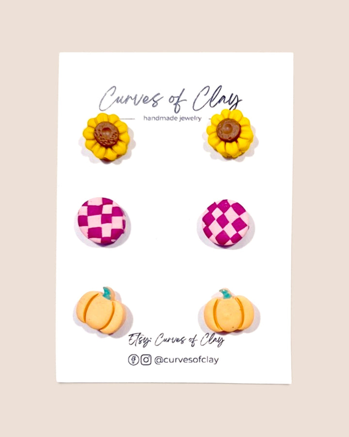 Curves of Clay, Autumn and Halloween Stud Earrings 3 Packs