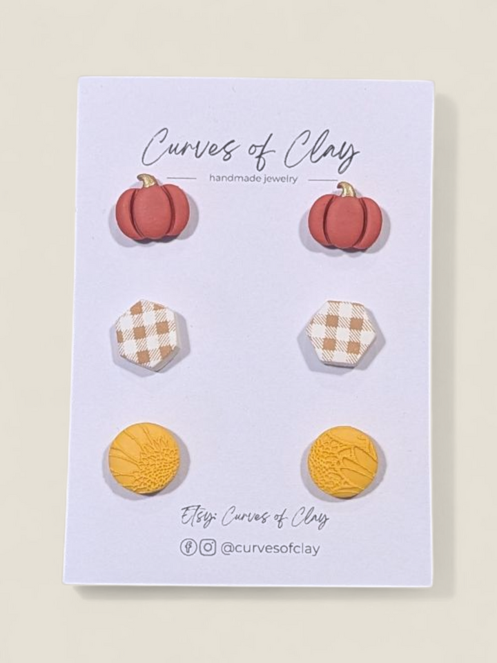 Curves of Clay, Autumn and Halloween Stud Earrings 3 Packs