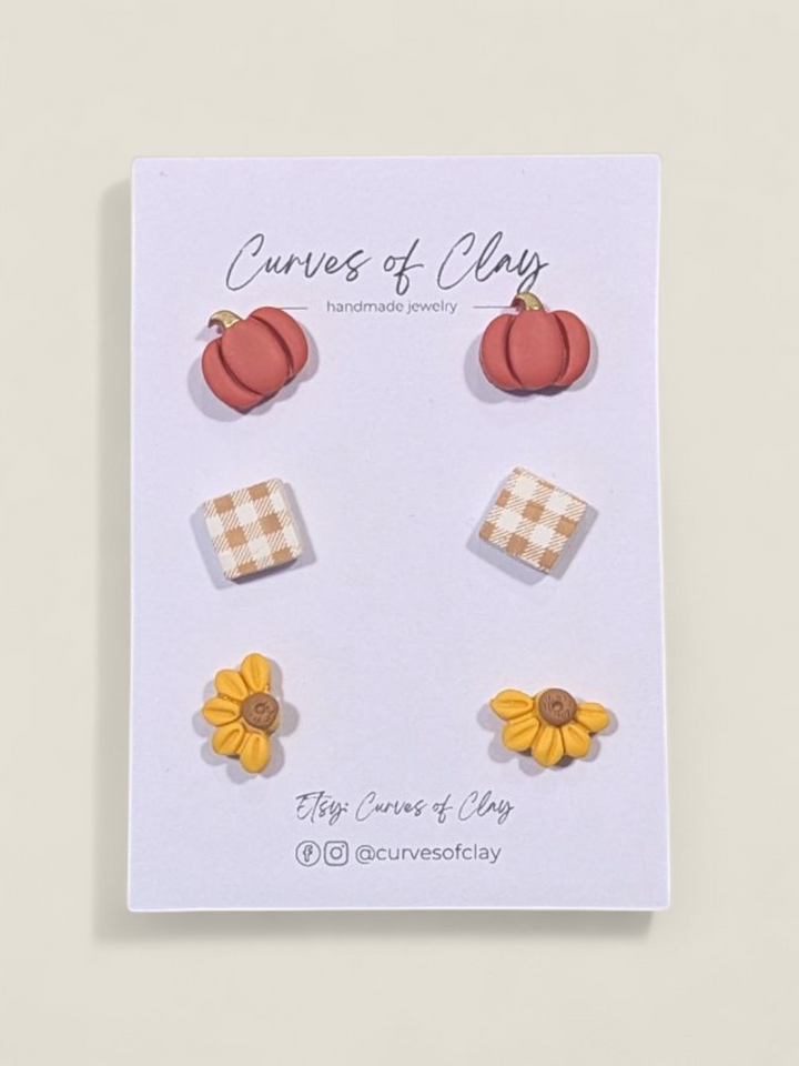 Curves of Clay, Autumn and Halloween Stud Earrings 3 Packs