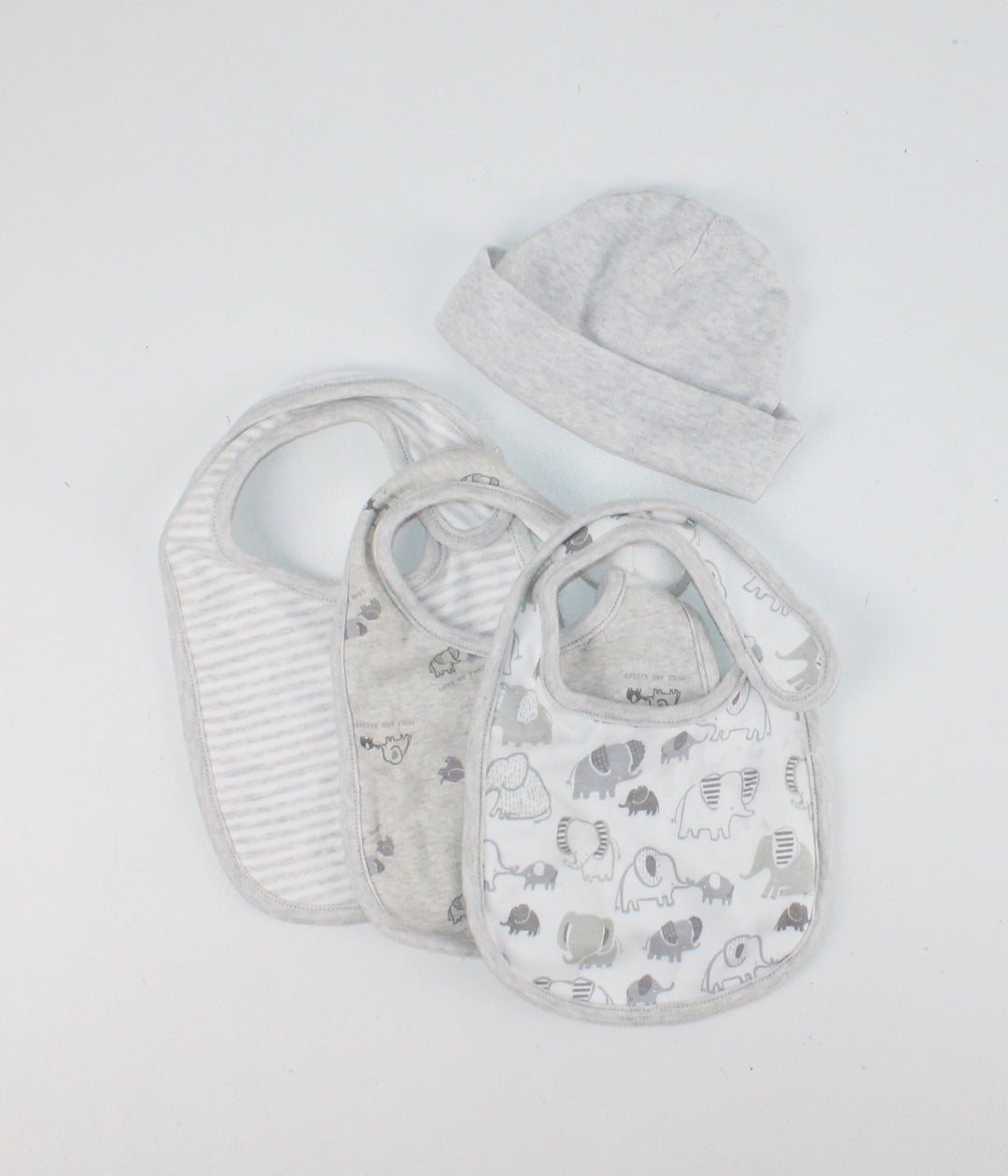 3 PACK BIBS WITH MATCHING HAT NEUTRAL GREYS VGUC
